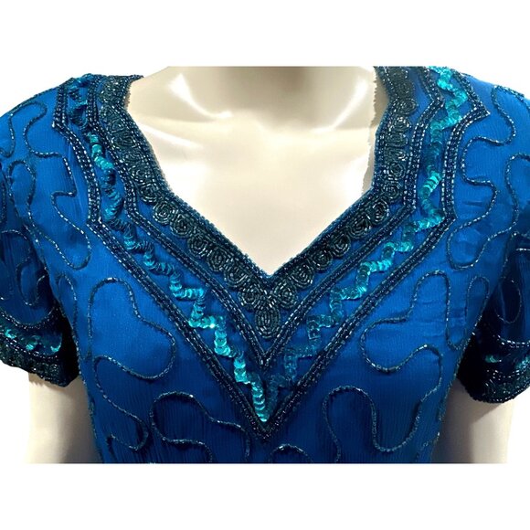 All Silk Vintage Dress by Allyson Whitmore S Teal Hand Beaded Cocktail Party Chi - Picture 4 of 12